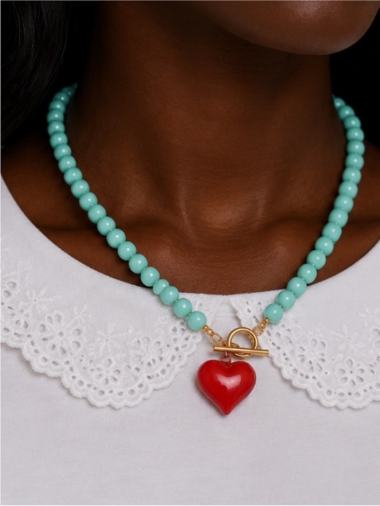 Anthropologie Jewelry - New! Cyan Beaded Red Heart Charm Dopamine Necklace NWOT (1047)